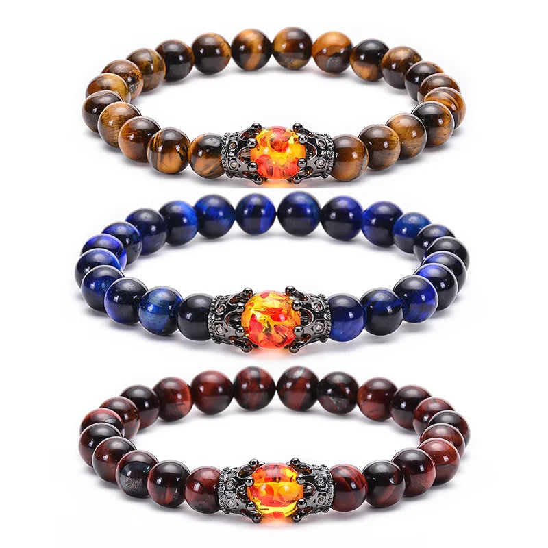 Handmade Fashion Crown Bracelet with Tiger Eye and Volcano Stone Matte Elastic Rope Natural Beaded Bracelet for Gift