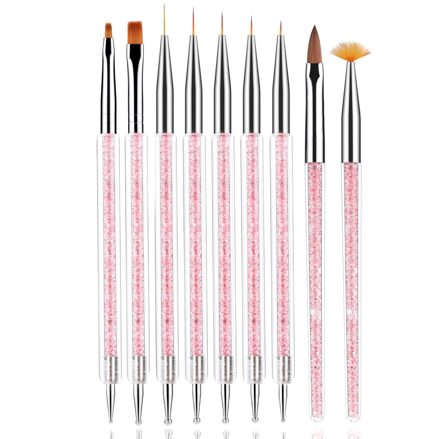 Nail Art Brushes9PCS Double Ended Nail Brush and Nail Dotting PensShiny Handles Professional Nail Liner Painting Tool Brush