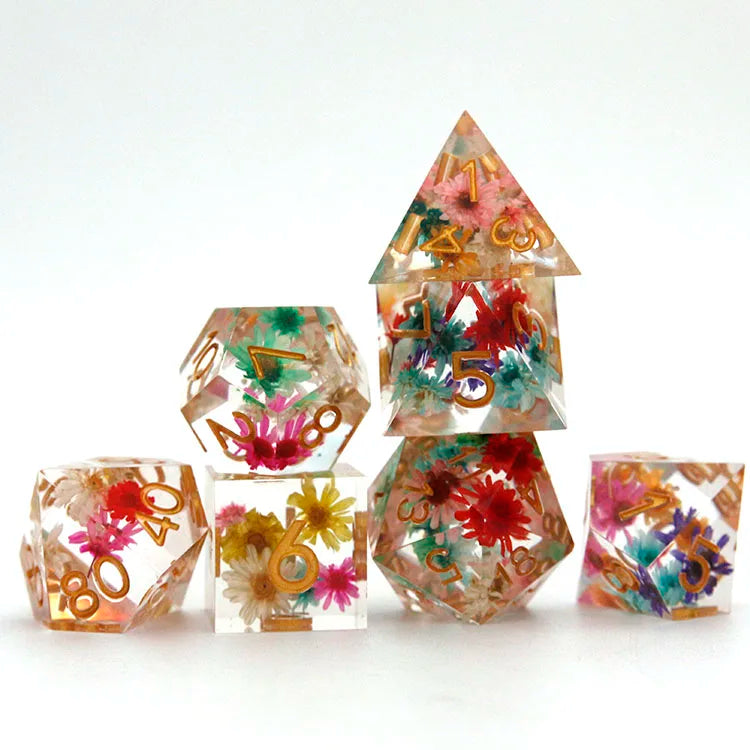 Custom Artificer Pretty Dice Set Sharp Edge Inclusions Flower Polyhedral Resin Material
