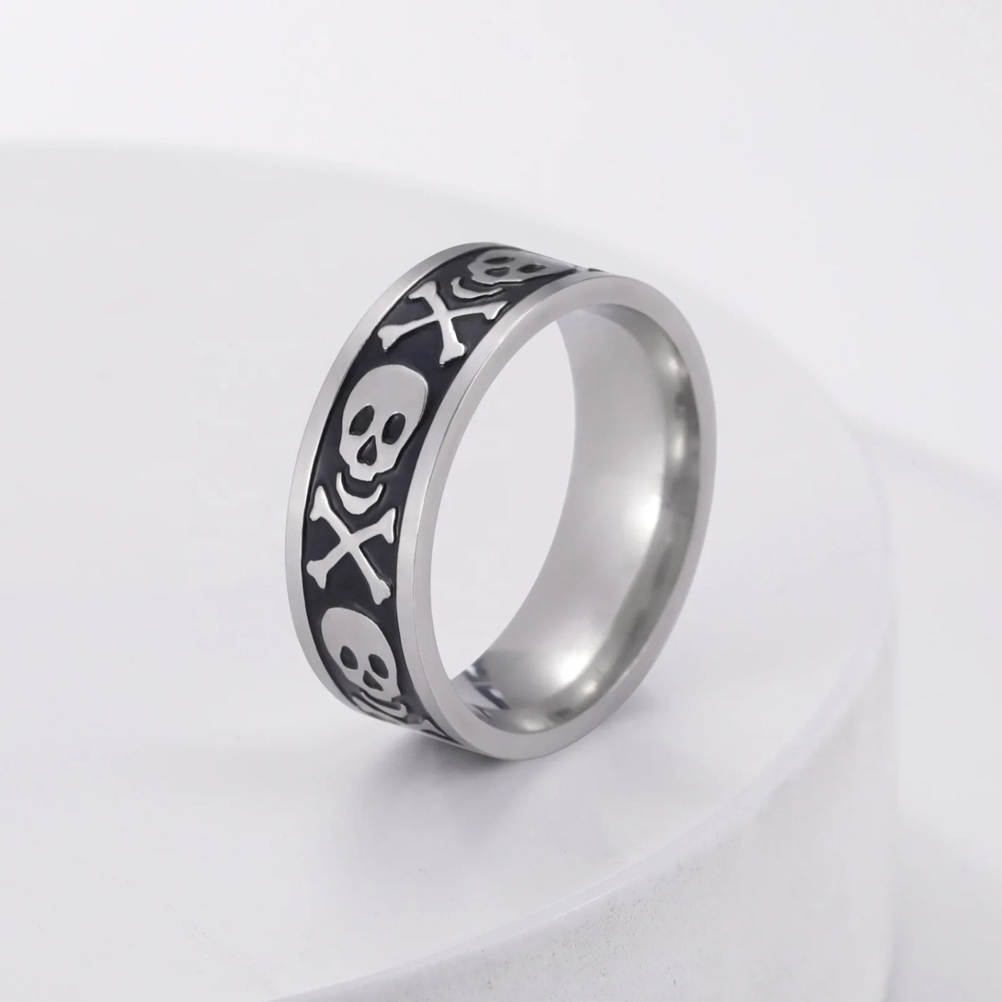 European and American Gothic Skull Ring Stainless Steel 8MM Wide Skeleton Dragon Men Finger Rings Hip-hop Punk Jewelry Gift