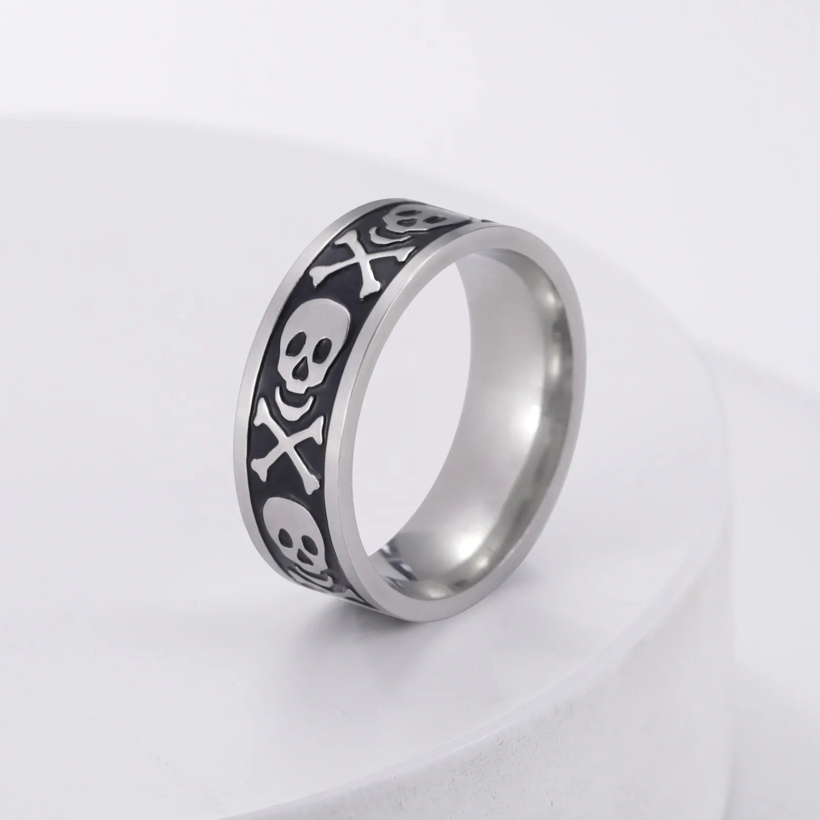 European and American Gothic Skull Ring Stainless Steel 8MM Wide Skeleton Dragon Men Finger Rings Hip-hop Punk Jewelry Gift