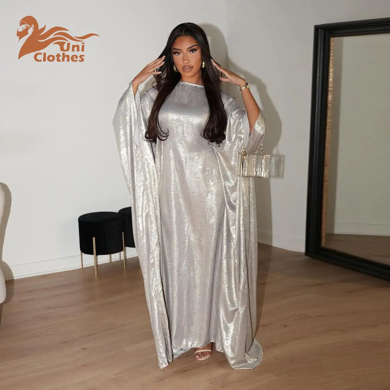 Fashion Kaftan Casual Muslim Dresses for Female Islam Clothing Modest Long Sleeve Abayas Bat Sleeve Silver Moroccan Saudi Kaftan