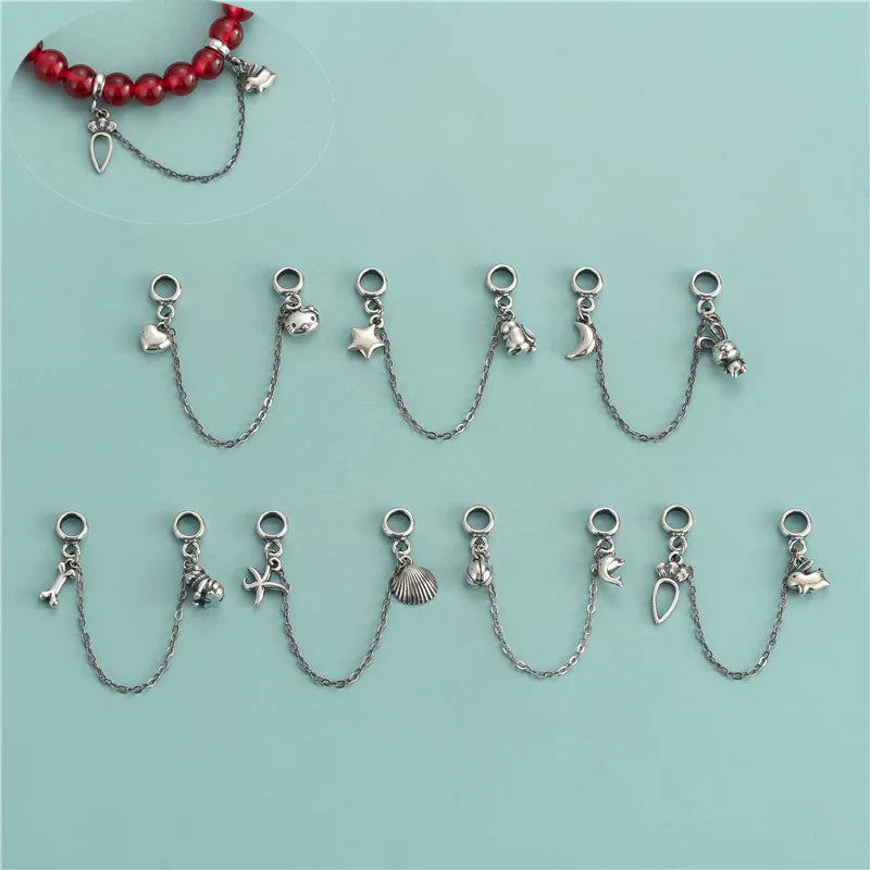 925 Sterling Silver Antique Silver Starfish Seashells Moon Star Rabbit Animal Double Pendant Chains Charm for Bracelet Fittin
