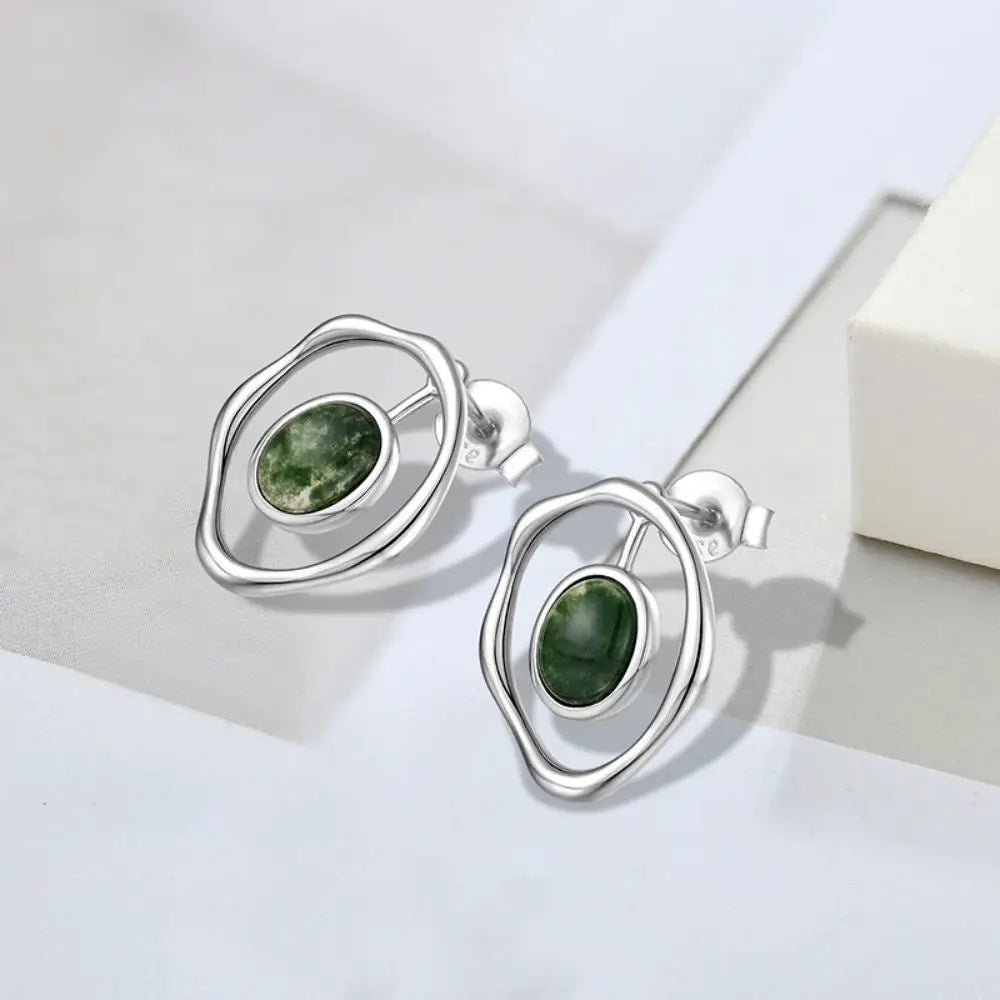 LULUFOCUS Fine Jewelry Natural Green Onyx Bezel Gemstone Earrings With 925 Sterling Silver Jewelry for Women'S