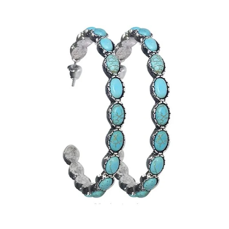 Vintage Lovely Beautiful Western Navajo Turquoise Large Round C Shaped Metal Earrings