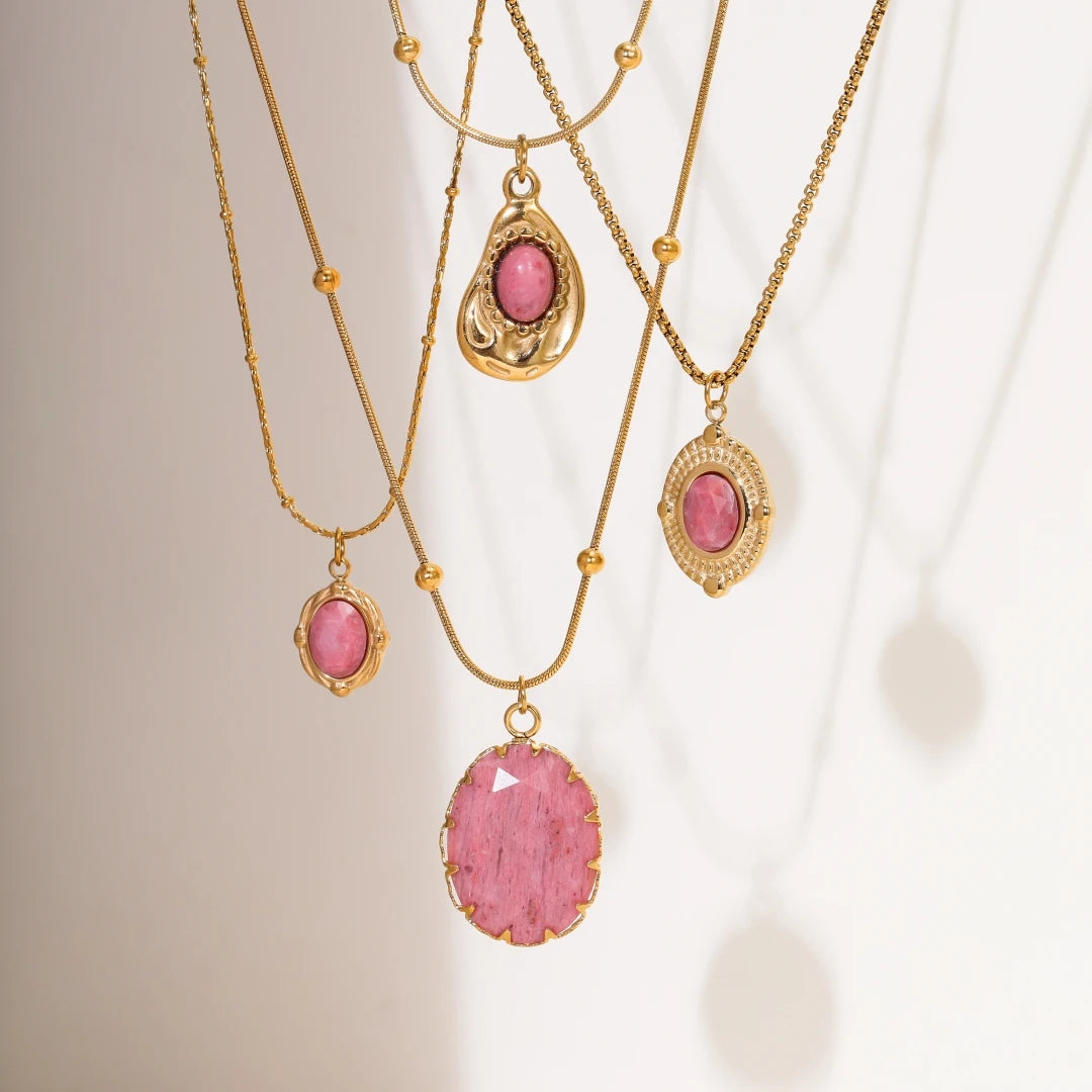 French Style Rhodochrosite Charms Luxury Natural Stone Fashion Rose Gold Plated Stainless Steel Anniversary Pendant Necklaces