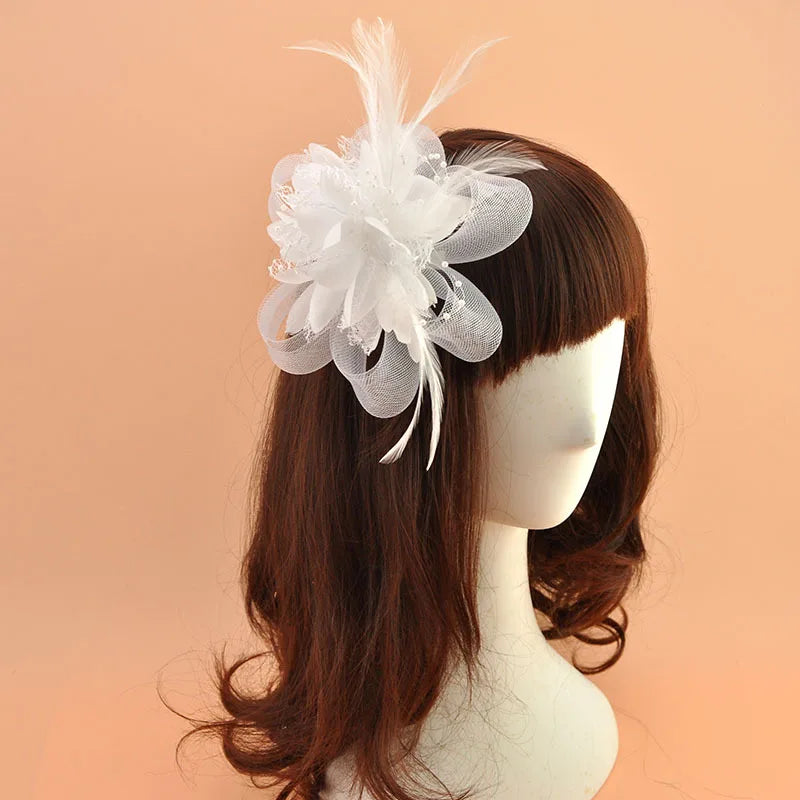 Retro Elegant Elastic Mesh Fascinator Multicolour Feather Broach Flower Clip  Wedding Accessories With Headband Girl Clip