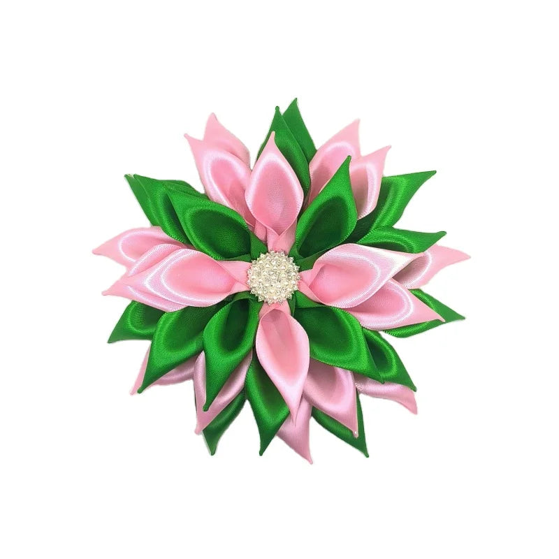 4 Inch Small Green and Pink Pearl Chrysanthemum Silver Plated Brooch Satin for Party Wedding Gift