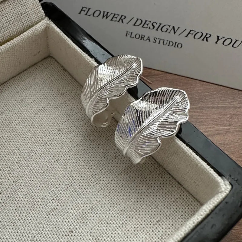 Vintage Wholesale Women Girls 925 Sterling Silver Chunky Feather Stud Earrings 2024 New Trendy Jewelry