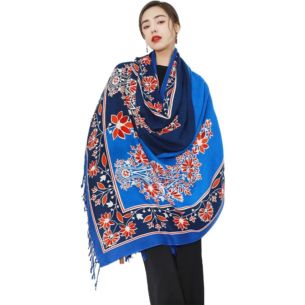 DANAXU Oversize Winter Luxury Floral Fleece Blanket Pashmina Shawls Soft Dupatta 100% Pure Wool Warm Scarf Wraps Middle East