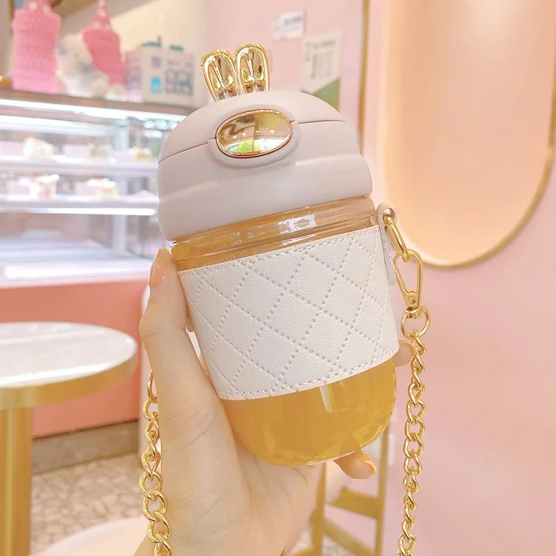 Unisex 380ml/580ml Rabbit Ear Glass Water Bottle Portable Metal Chain Strap Straw Pearls Cute INS Style Girls/Kids Travel Cup