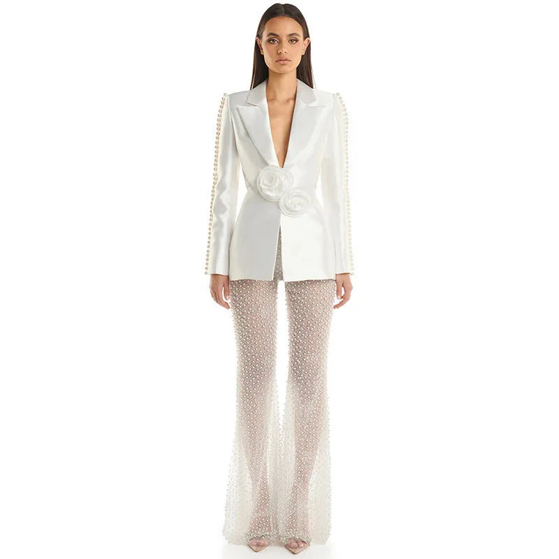 2026 Spring Lady Fine Workmanship Beading Solid Suit Long Sleeve Hollow Out Waist Blazer See-through Flared Pants Women 2Pcs