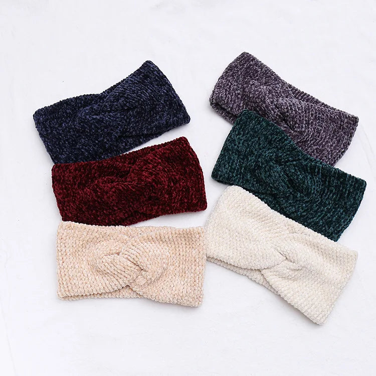 MIO Simple New Women's Chenille Knitted Headband Winter Knotted Solid Color Wide Hair Band Sports Warmer Cross Elastic Headba