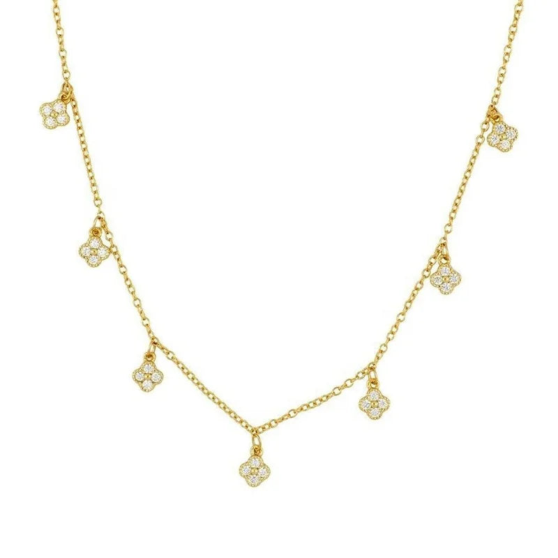 Milskye Fashion Lucky Jewelry 925 Sterling Silver Gold Plated Cz Diamond Four Leaf Clover Tennis Necklace