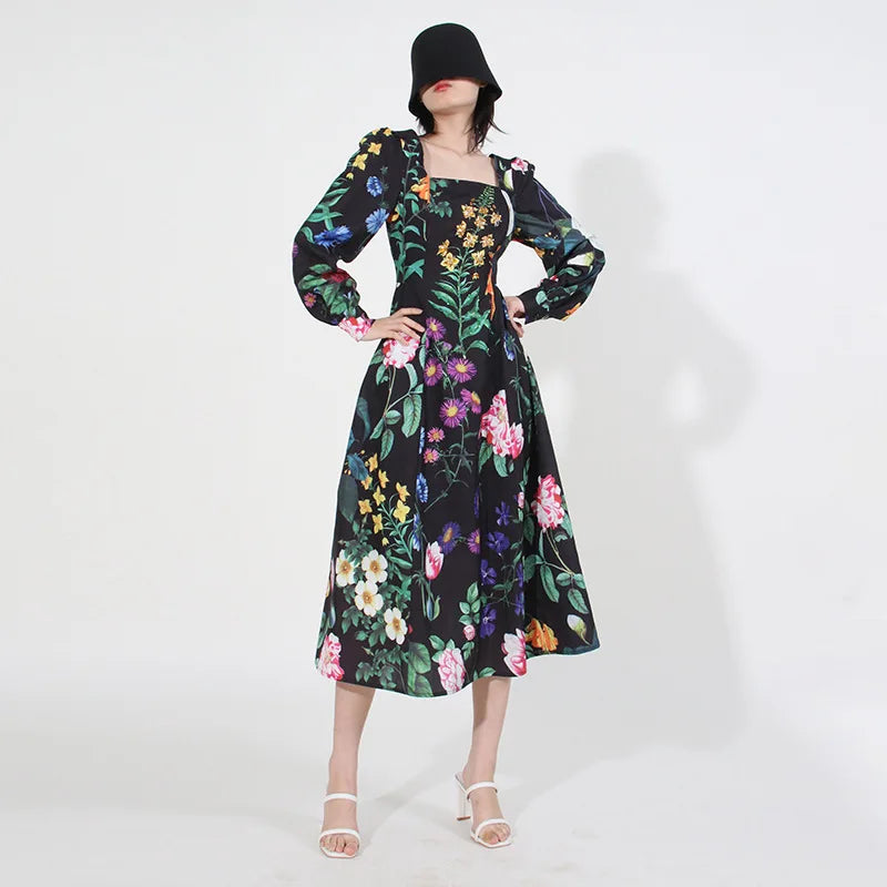 European American Retro Elegant Style 2024 New square Neck Longsleeved Midwaist Beaded Embroidery Women Mid-length Printed Dr