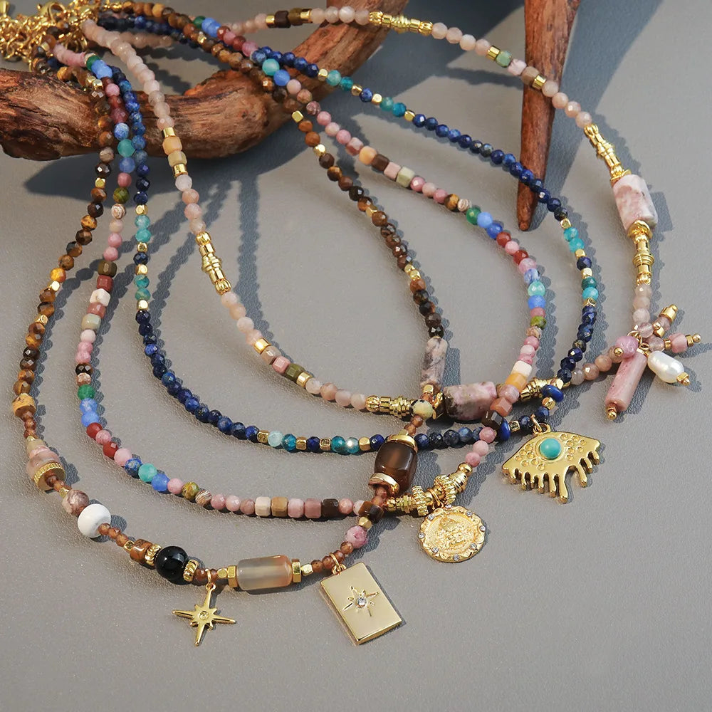 Real Gold Plated Y2K Natural Stone Chakra Star Necklace Pendant Women