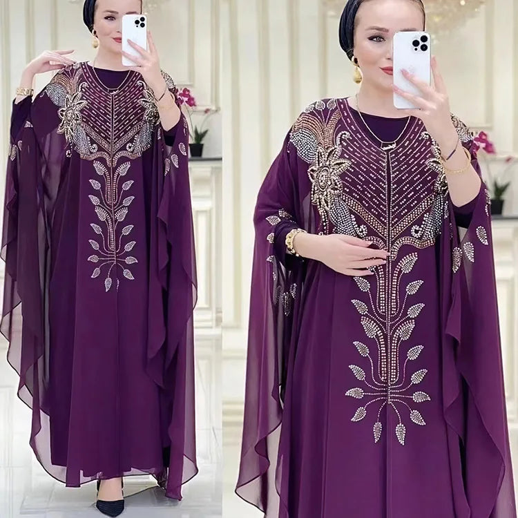 Rhinestone Pearls Front Thin Chiffon Long Sleeve Inner Dress batwing Sleeve Free Size American Turkey Middle East Women Jalab