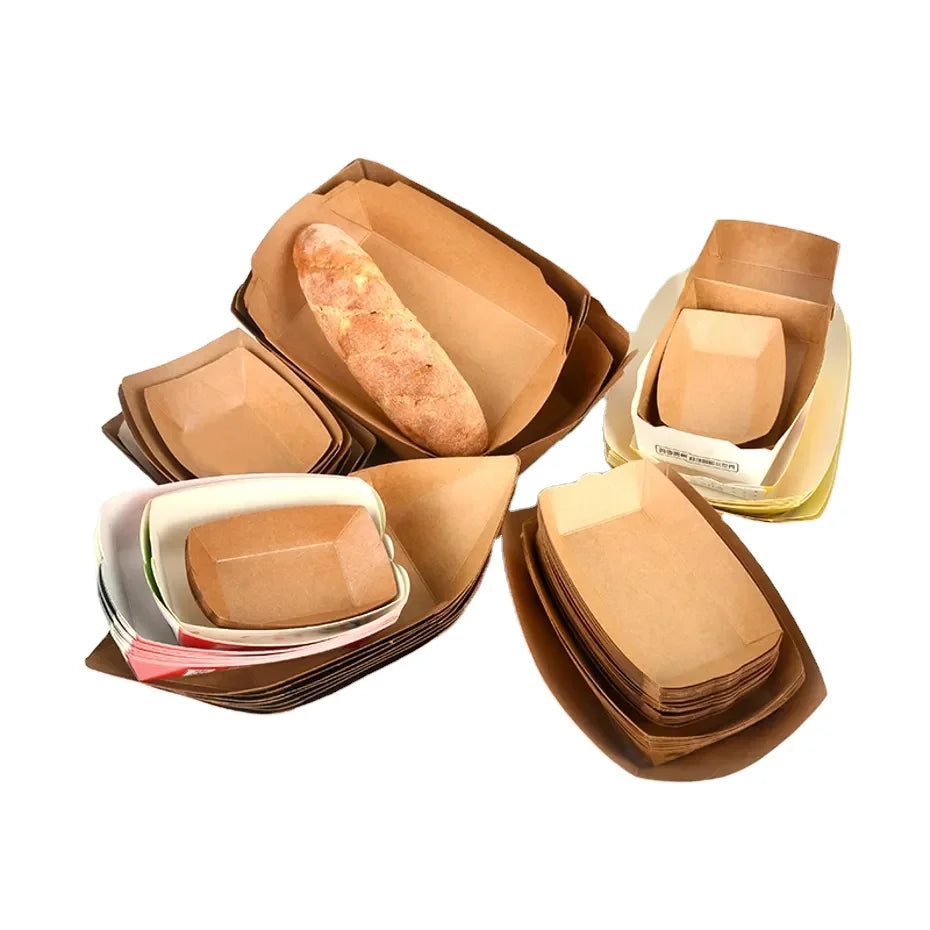 Kraft Paper Tray Take Away Food Fried Chicken Chips Embossing Stamping Varnishing Print Handling Kraft Packaging Boat Tray Pa