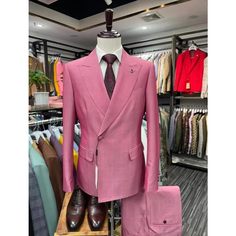 Pink Men Suits Slim 2 Piece Fashion Peaked Lapel Double Breasted Male Suit Business Casual Wedding Tuxedo Blazer With Pants