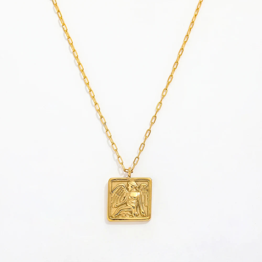 Fenny 18K Gold Plated Vintage Square Band Angel Pendant Necklace Basic Chain Trendy Stainless Steel Jewelry Wholesale
