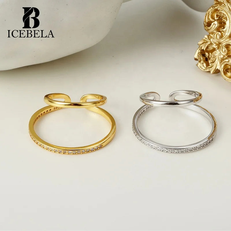 ICEBELA 925 Sterling Silver Diamond Inlaid Geometric Ring Opening Versatile Personality Circle Eternity Ring for Girl