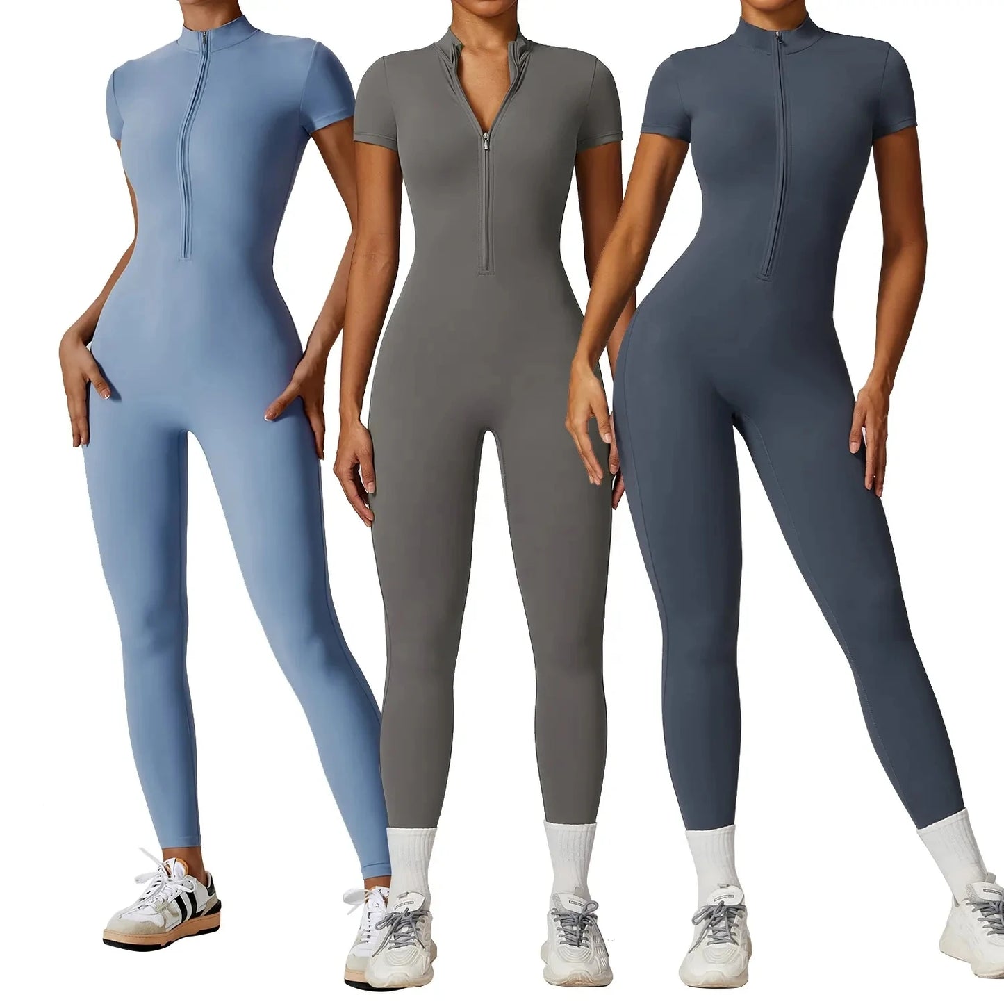 Women's Yoga Bodysuits Tummy Control Jumpsuit Short Sleeves Front Zipper Bodysuit Activewear Casual Jumpsuits