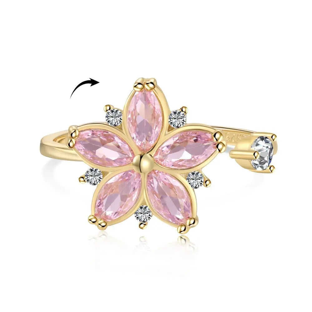 ACME Fashion Adjustable Pink Flower Spinning 18K Gold Plated Ring S925 Silver Luxury Unique Vintage  Rings For Women