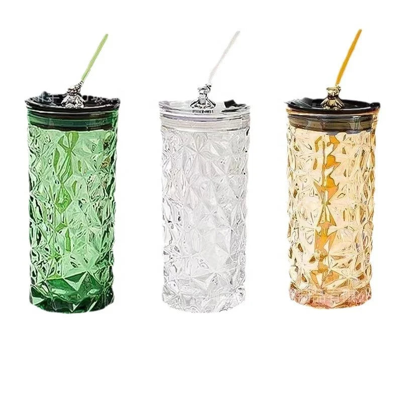 High-Appearance Hammer-Textured Glass Water Cup Bear 400ml Handmade Eco-Friendly High-Temperature Resistant Tea Cups Saucers