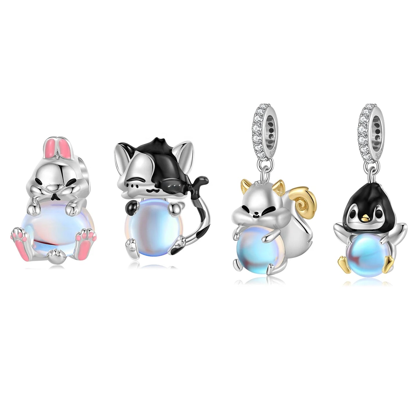 Animal Embrace Series Rabbit Squirrel Dog Charm Pendant 925 Sterling Silver Moonstone Bead Fit Women Jewelry Charm Bracelets