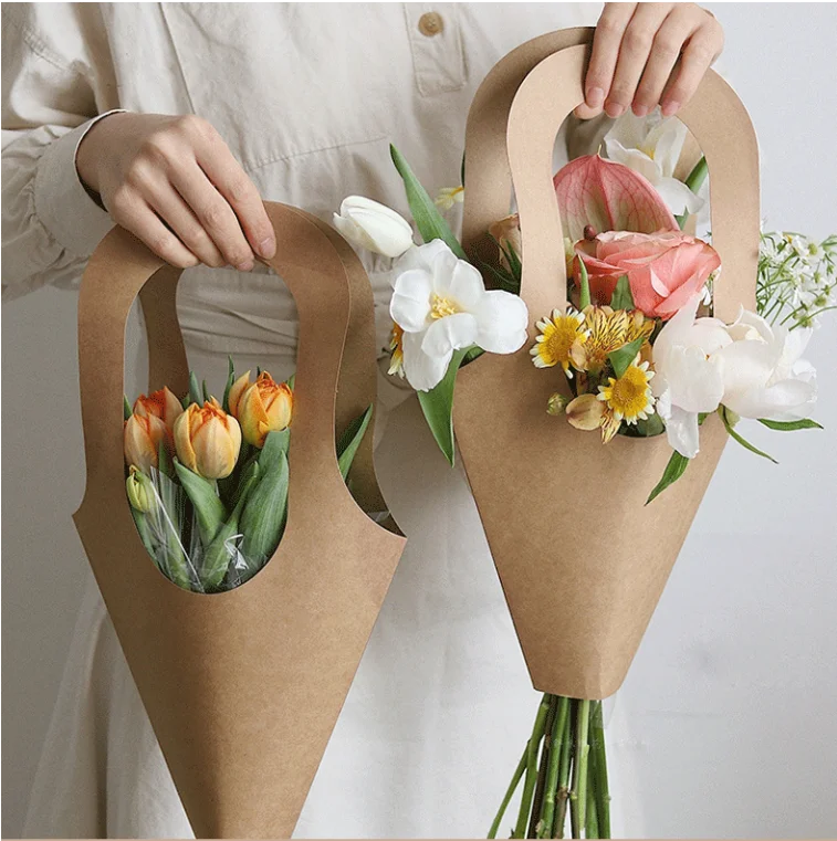 Creative White Paper Kraft Bouquet Packaging Bags with Handle for Gift and Shopping Flowers