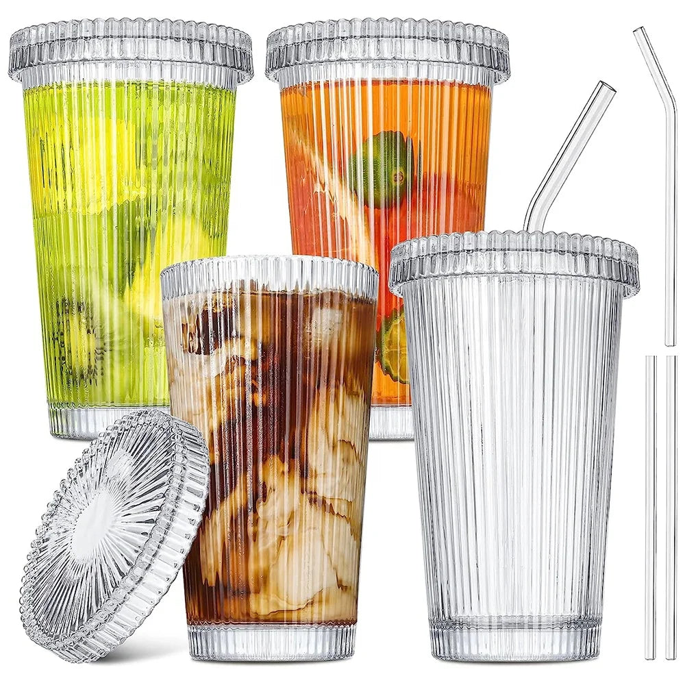Vertical Striped Iced Coffee Cup 12oz Ribbed Highball Glasses with Lids and Straws