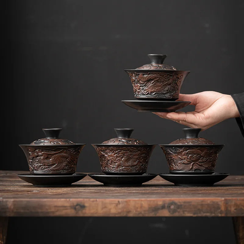 Purple Pottery Gaiwan Cup Retro Large Household Purple Sand Hand Brew Tea Bowl Porcelain Kung Fu Tea Set