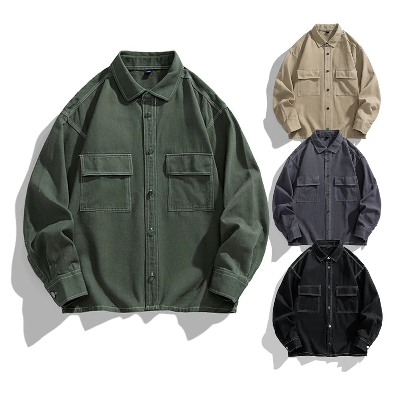 Plain Color Woven Cotton Long Sleeve Shirts for Men Loose Design Custom Logo Turn-down Collar Mens Street Wear Shirt