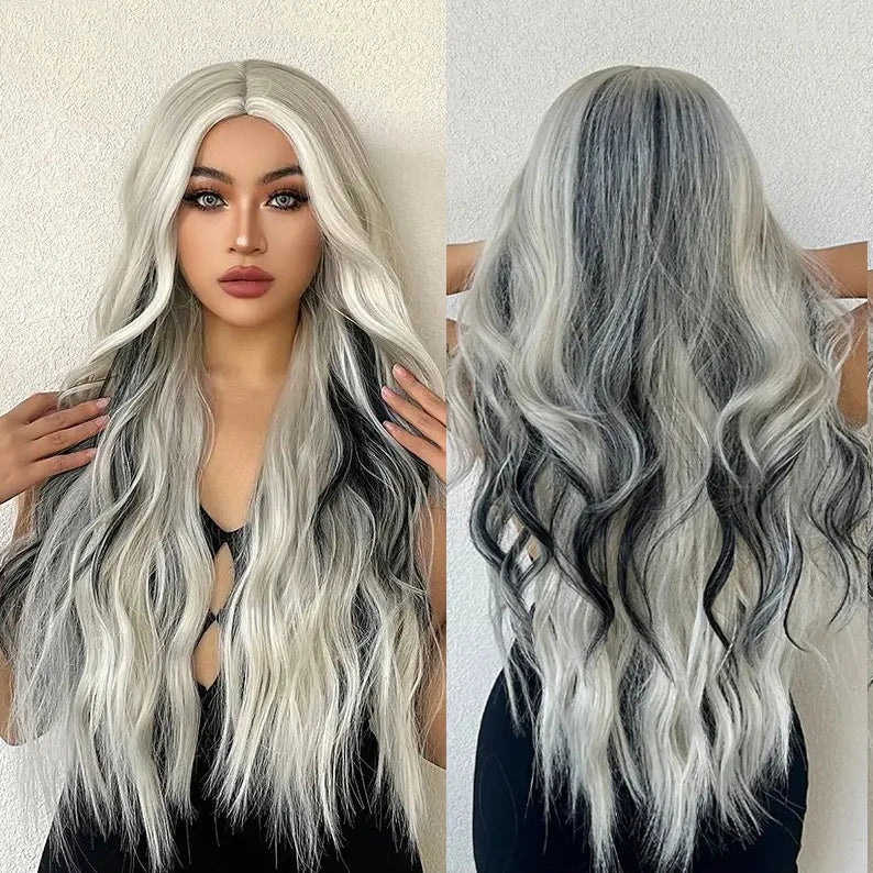 White Black Long Wave Synthetic Wigs for Black Women Middle Part Hair Daily Cosplay Heat Resistant Wigs