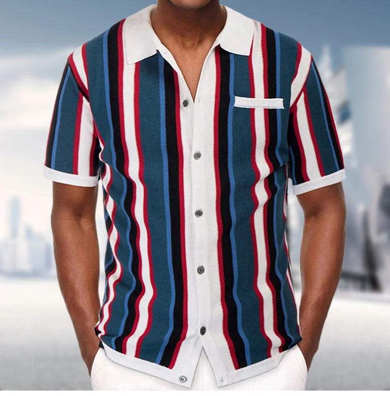 Fashion Summer Breathable Striped Knit Polo Shirt Men Casual Button up Short Sleeve Knitted Shirts with Pocket