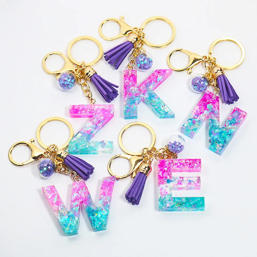 New PVC Sequin Resin Key Chain Acrylic  Keyring PU Leather Tassel Custom Crystal Letter Keychain