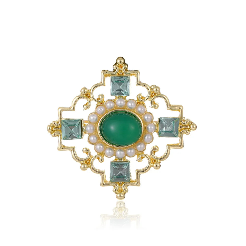 DRAL1102 Baroque Court Pearl Green Hollowed Out Brooch Vintage European and American Cheongsam Cardigan Corsage