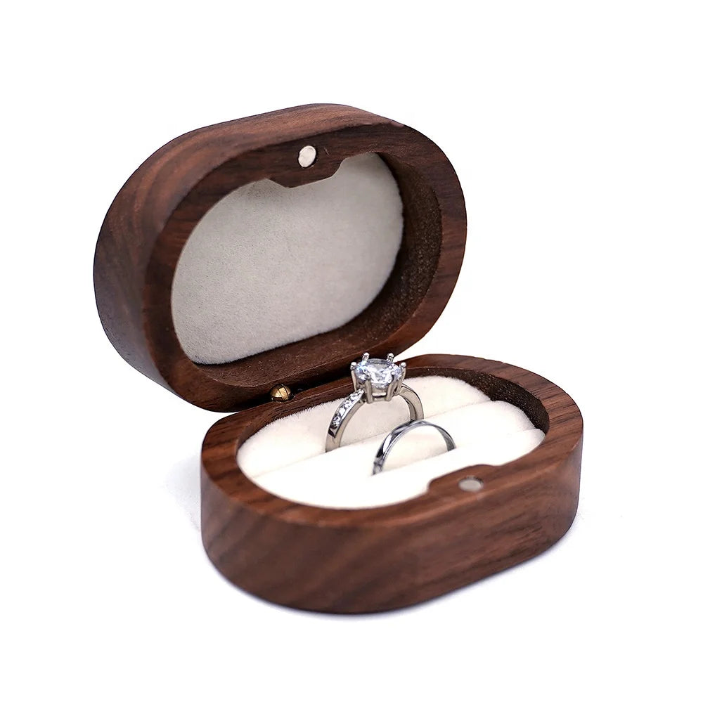Oval Black Wedding Love Ring Box Solid Walnut Wood Storage and Display for Pair Rings Elegant Gift Packaging