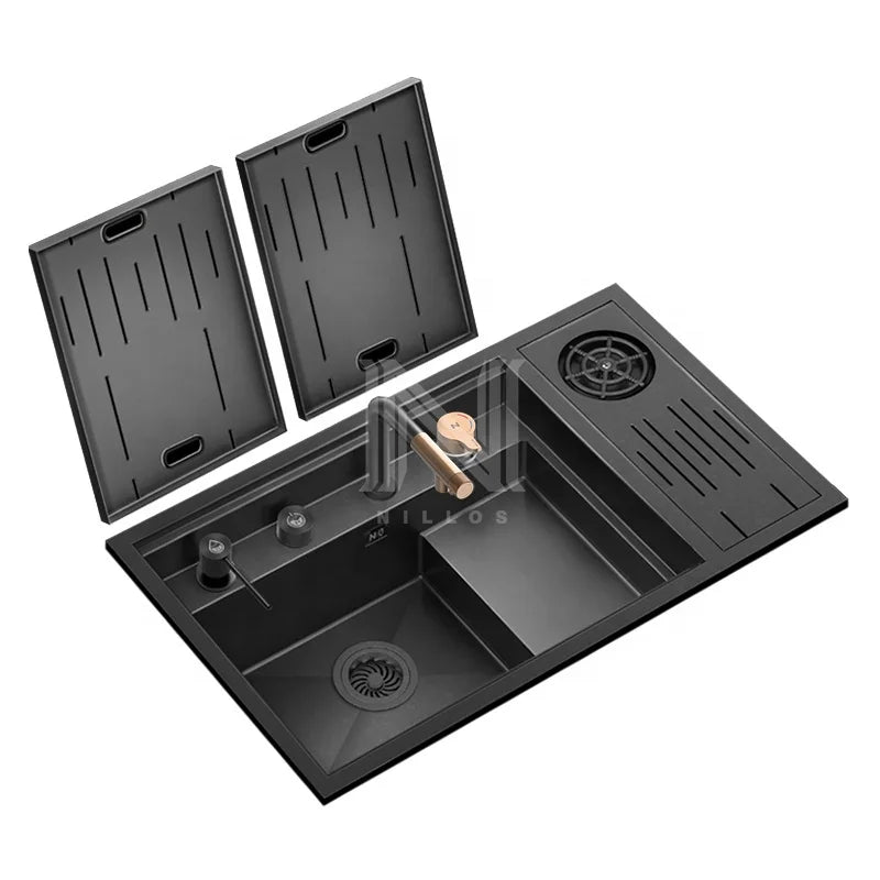 N7646XN1 SUS304 Black Nano Single Large Stepped Basin with Cup Washer Handmade Kitchen Sink with Hidden Design