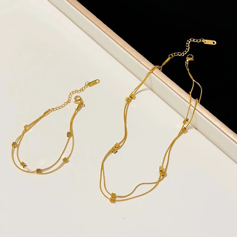 Maiou Elegant Simple Waterproof 18k Gold Plated Stainless Steel Double Layer Snake Chain Bracelet for Women Jewelry