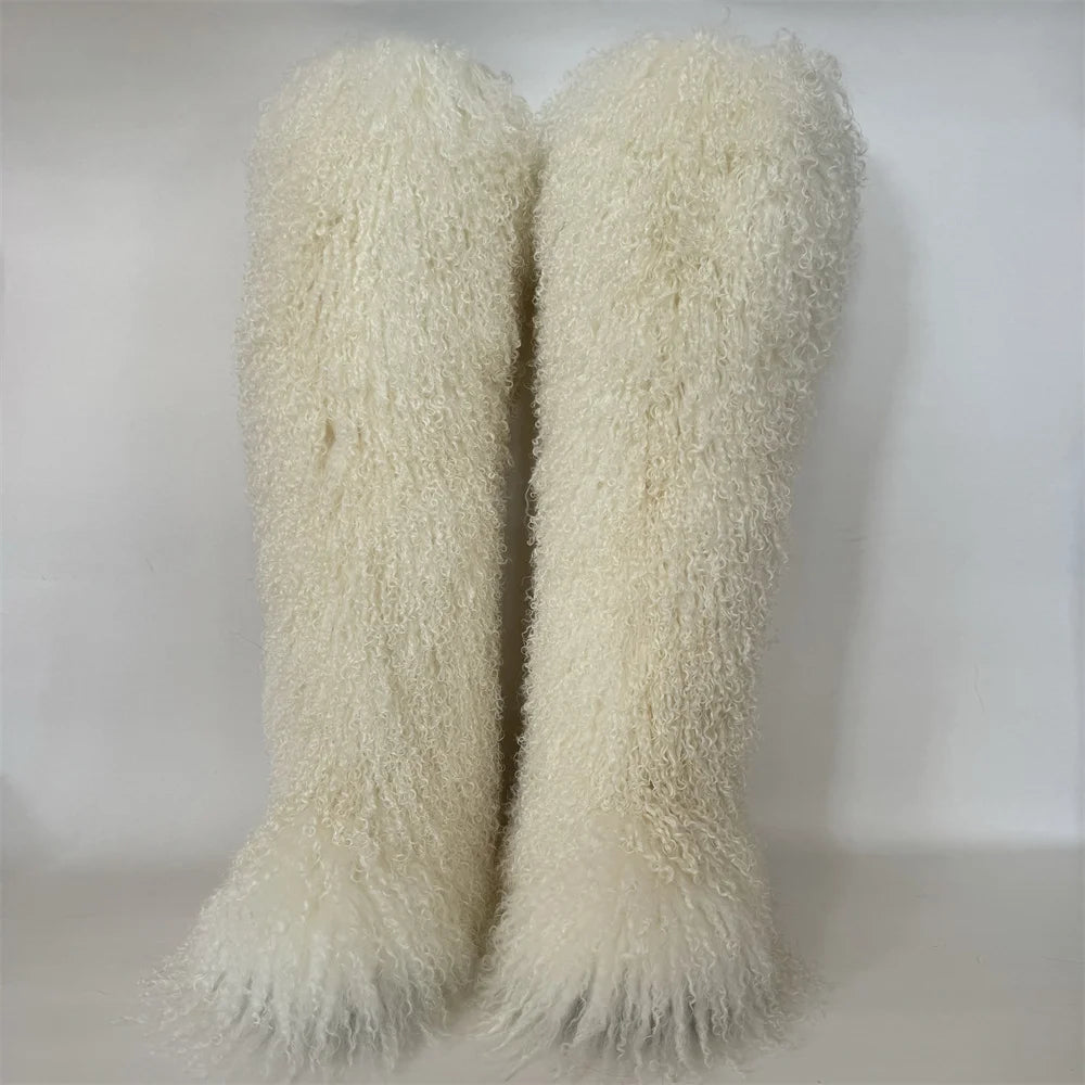 2025 72cm Height Long Mongolian Fur  Boots Winter Warm Thick Sole High Boots Fluffy Fur Over-the-knee Fashion Outdoor Snow Bo