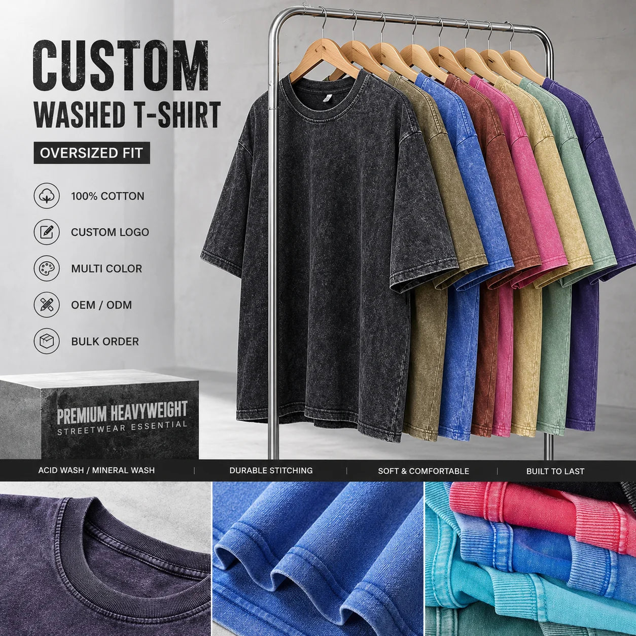 MOQ 1PCS Blank 100 Cotton 250Gsm Drop Shoulder Oversized Heavyweight T Shirt Vintage Custom Logo Print Acid Wash Top
