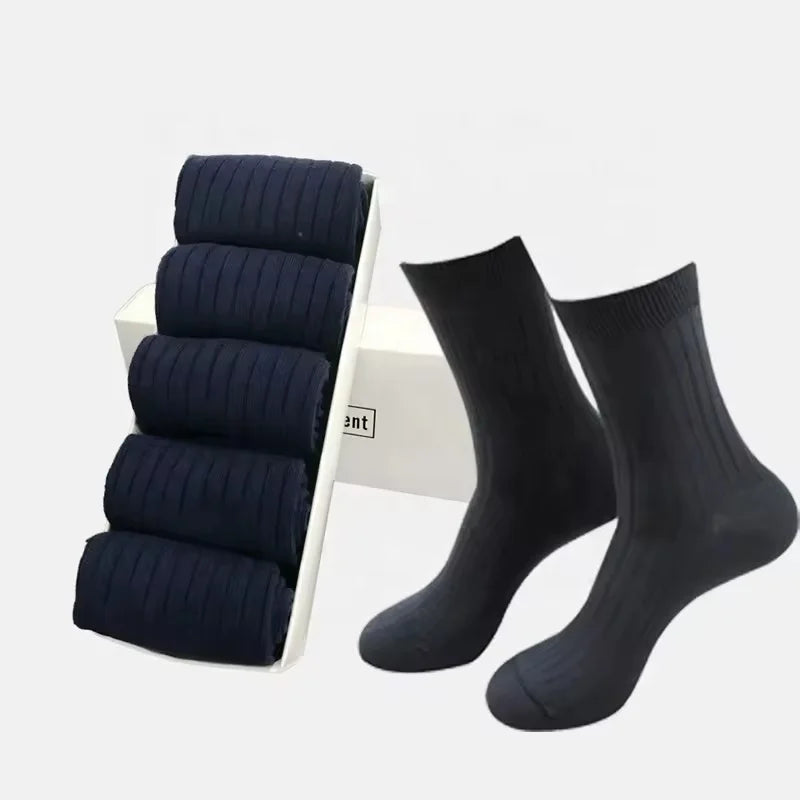 Wholesale 5 Pairs Plain White Black Business Socks Ribbed Cotton Dress Crew Socks for Mens Box Sets