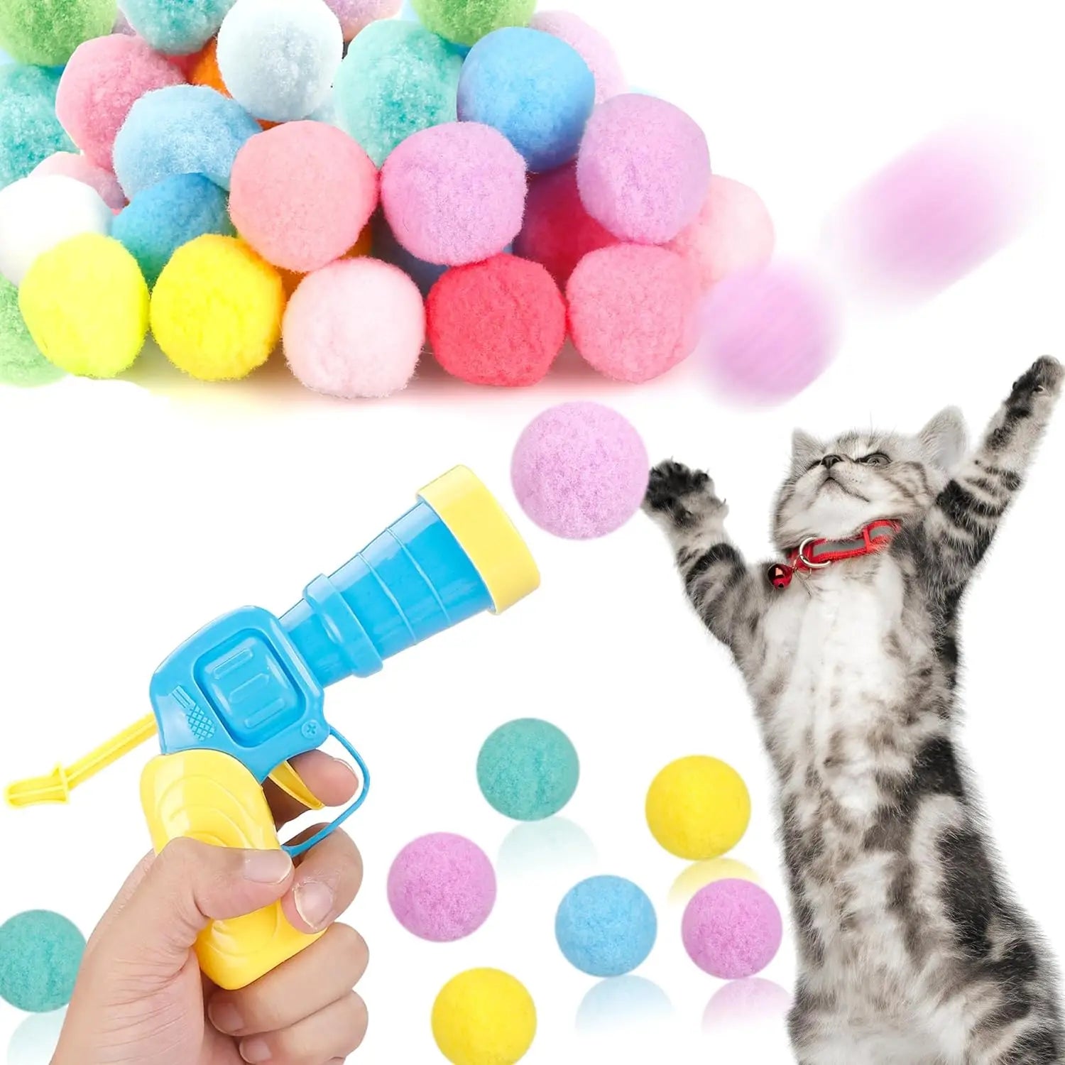 Hot Selling Cat Plush Toy Launching Gun Chew Ball Pet Cat  Toys Cat Interactive Shooting Gun Games