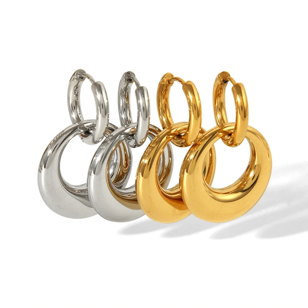 French Design 18K Gold Plated Stainless Steel PVD Water Resistant Geometric Trendy Double Use Handmade Polished Hollow Earrin