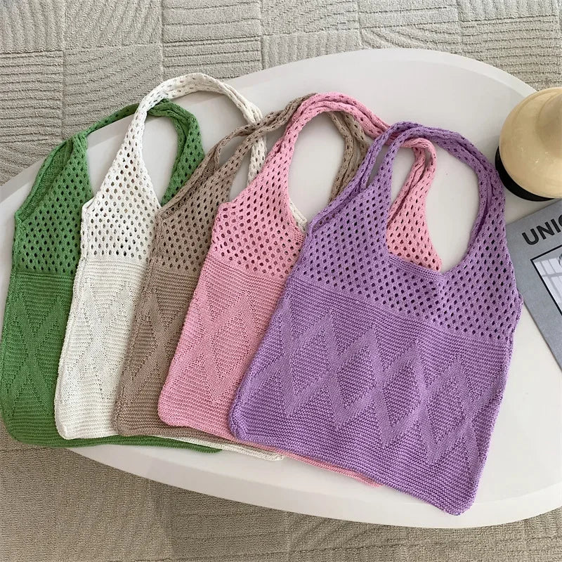 Simple Knitted Hollow Out Women's Shopping Bag Solid Color Female Shoulder Bags Large Capacity Casual Tote Underarm Bag Handb
