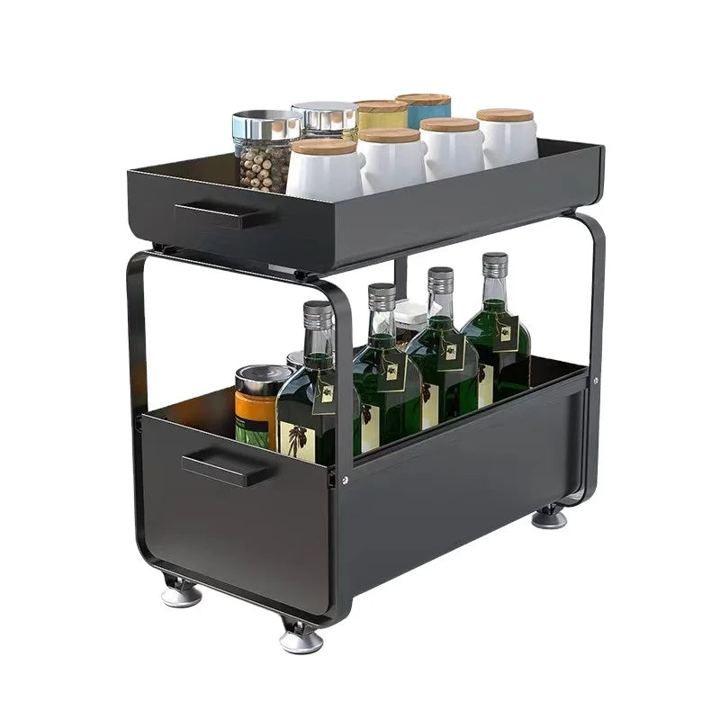 Metal Kitchen Lower Sink Pull-Out Layered Storage Rack with Double Tier Seasoning Storage for Bathroom & Kitchen Shelves & Un