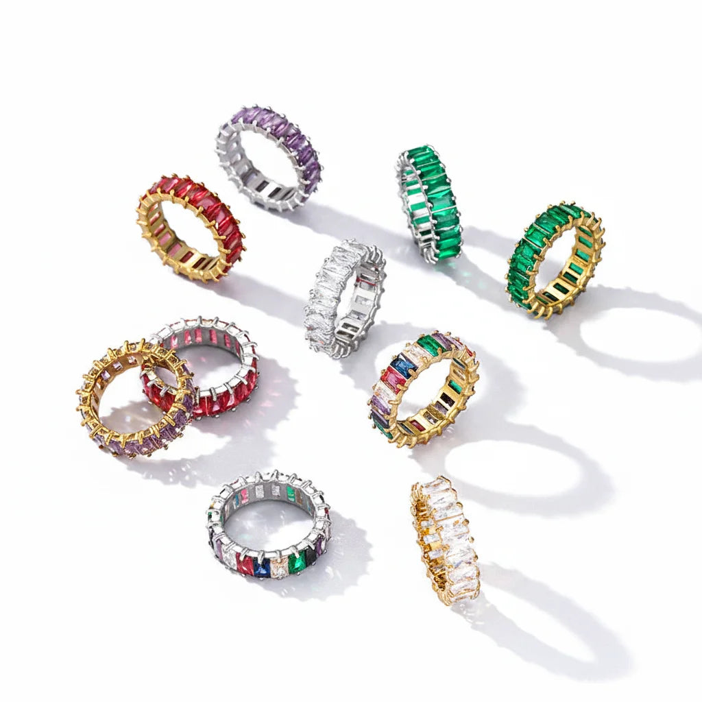 High Quality Luxury Colored Rainbow CZ Zircon Crystal Ring Stainless Steel Cubic Zirconia Rainbow Shiny 18K Plated Zircon Rin