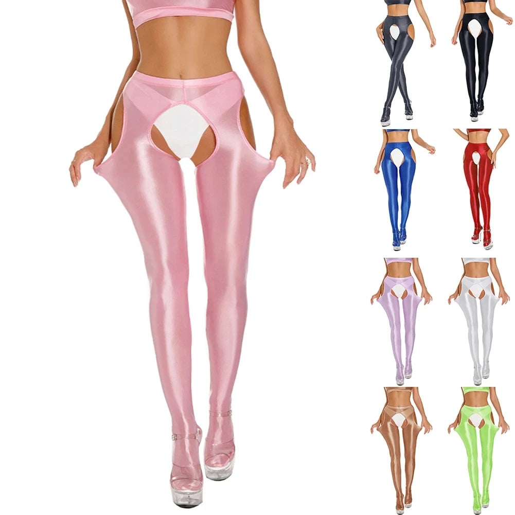 King Mcgreen Star Women Sexy Leggings Hollow Glossy Sheer Stretchy Open Crotch Skinny Dance Pants Open-End Temptation Uniform