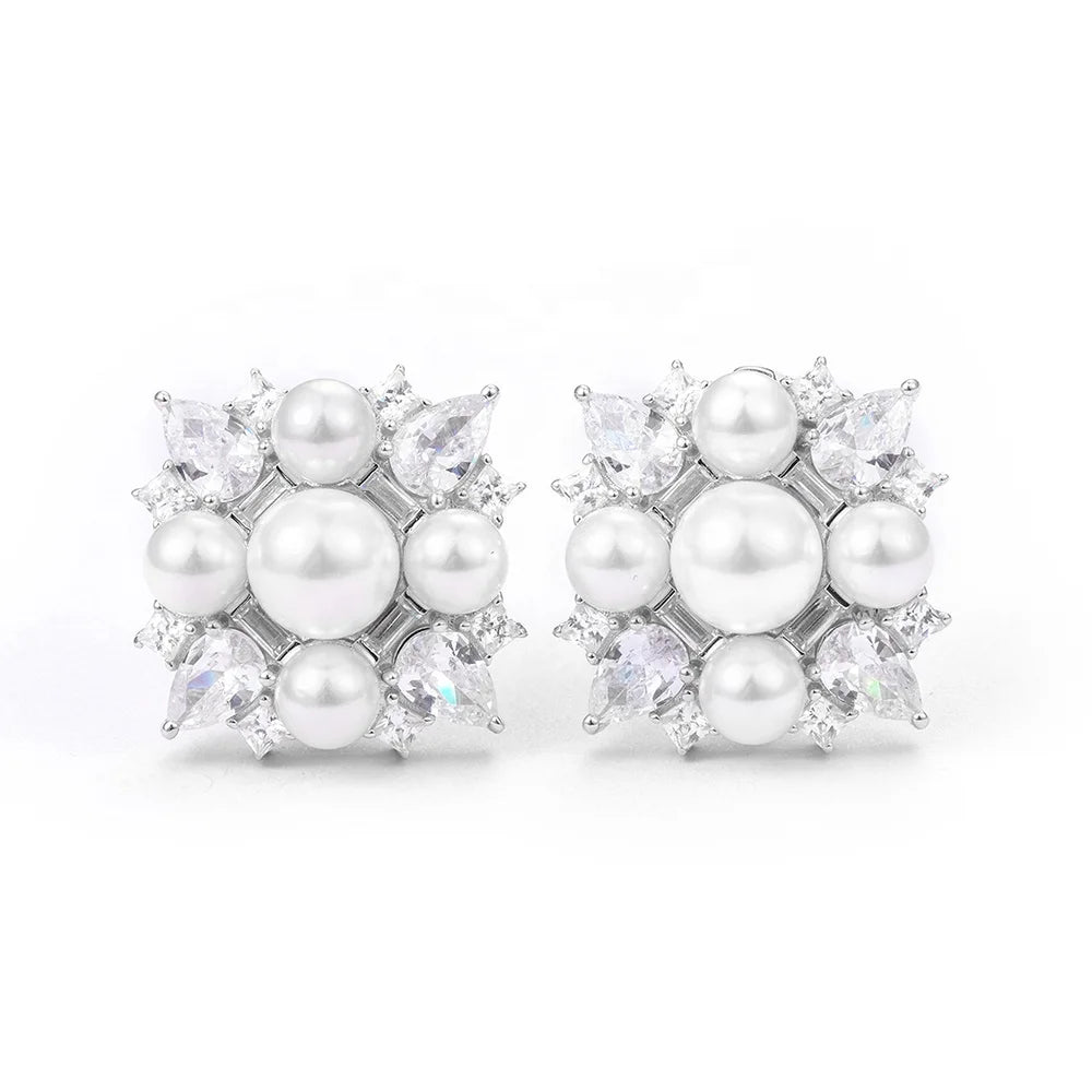 Luxurious White Cubic Zirconia Earrings 925 Silver Rhodium Plated Pearl Earrings
